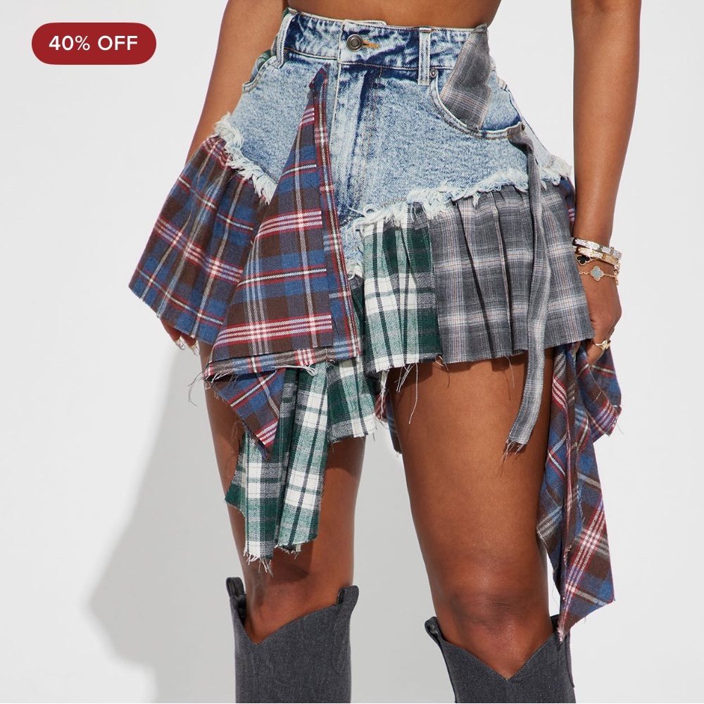 Fashion Nova Asymmetrical Plaid Denim Skirt